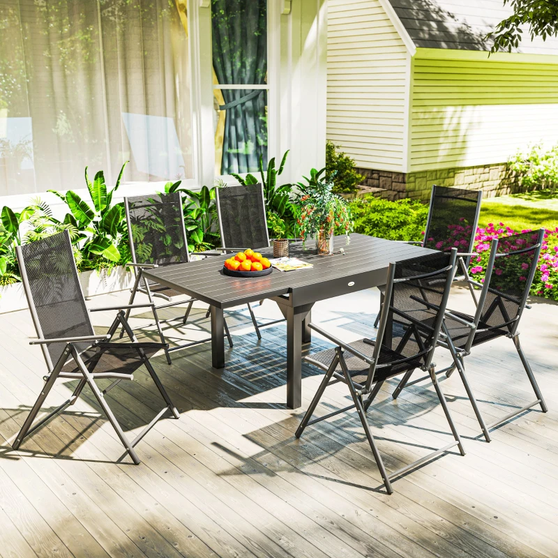 Outsunny Set da Giardino 7 Pezzi con 6 Sedie Pieghevoli e Tavolo Allungabile, in Acciaio, Alluminio e Rete Grigio e Nero