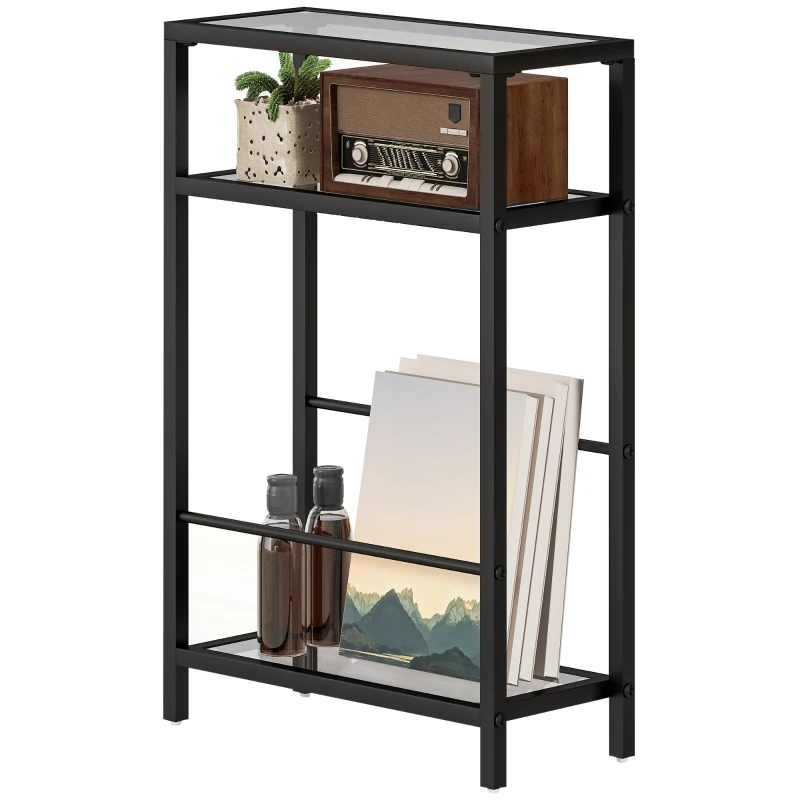 HOMCOM 3-Tier Side Table, Narrow End Table with Storage Shelf and Tempered Glass Tabletop for Small Spaces, Black