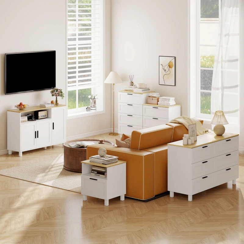 HOMCOM Aparador de 3 Puertas de Cierre Suave con Estantes Ajustables Compartimento Abierto Patas de Madera Blanco