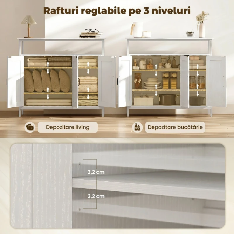 HOMCOM Bufet de Bucătărie cu Raft Deschis și 2 Dulapuri, din Lemn și Oțel, 100x35x88 cm, Alb