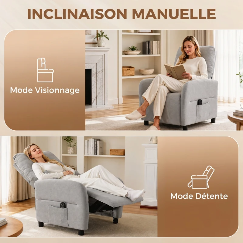 HOMCOM Fauteuil Inclinable de Massage par Vibration et Chauffage, Fauteuil de Relaxation en Tissu Éponge Bouclé, Gris