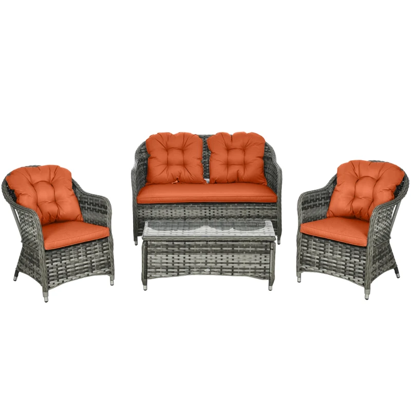 Outsunny Four-Piece Rattan Sofa Set, with Glass-Top Table - Orange
