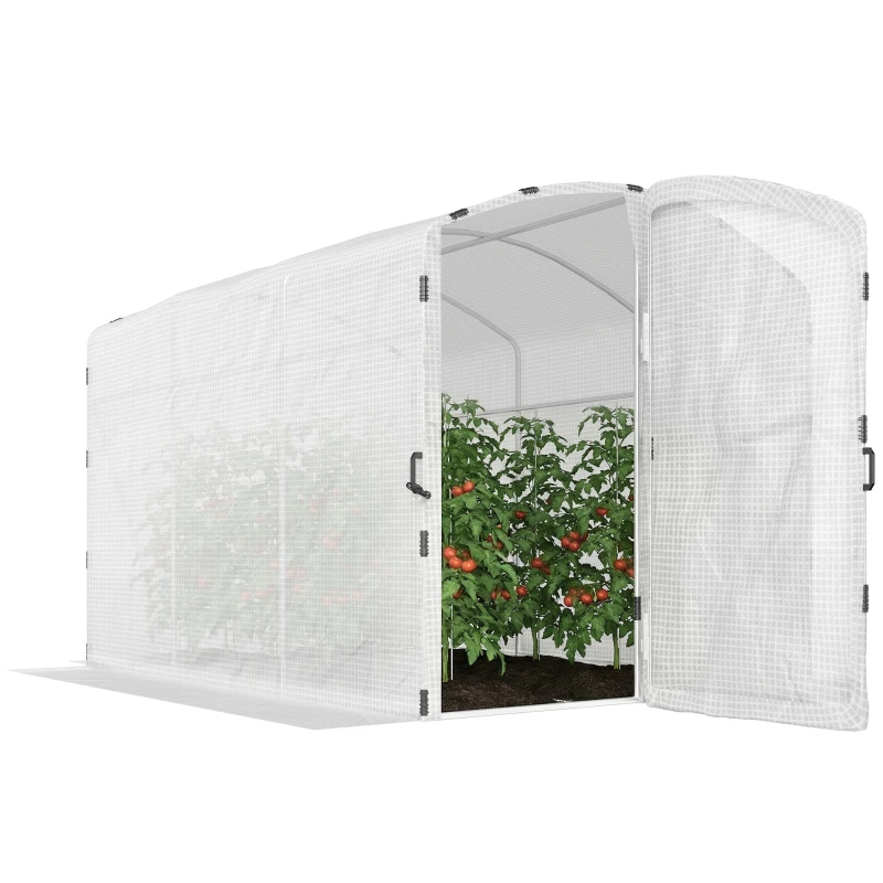 Outsunny Serre tunnel de jardin 6m², serre de jardin tunnel 300x200x195cm bâche PE 220g/m² bords prolongés 50 cm avec porte blanc