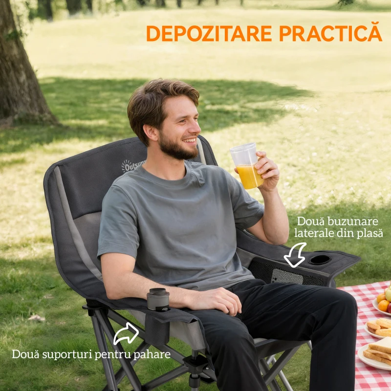 Outsunny Scaun de camping pliabil cu 2 suporturi pentru pahare și buzunare laterale, 99x71x103 cm, gri și negru