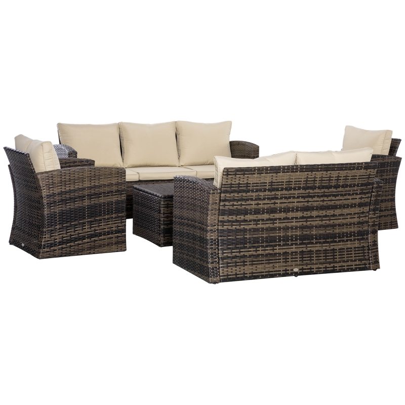 Outsunny Conjunto de Jardín Exterior de Ratán 6 Piezas Cojines Sofá Doble Sofá 3 Plazas 2 Sillones 2 Mesas Auxiliares Caqui