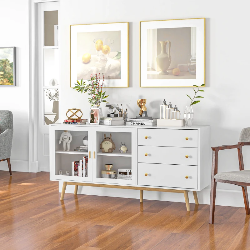 HOMCOM Aparador de Comedor con 2 Puertas de Cristal 3 Cajones y Patas de Madera de Caucho para Cocina Salón 160x40x80 cm Blanco
