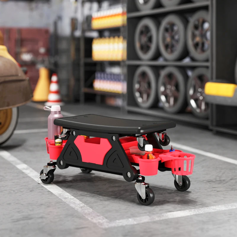 HOMCOM Rolling Mechanic Stool, 135kg Capacity Workshop Stool with 360° Swivel Wheels, Roller Creeper Seat with Slide Out Tool Trays, Drawer, Bottle Holders for Garage, Shop, Auto Repair, Red