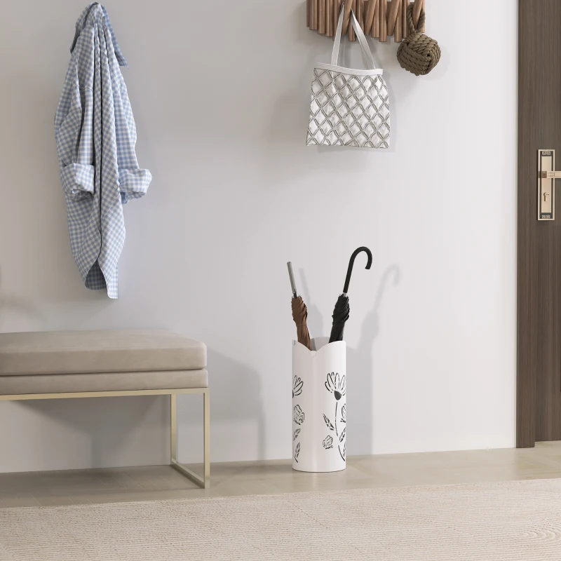HOMCOM Paragüero de Acero con 4 Ganchos y Bandeja de Goteo Extraíble y Diseño Decorativo 17x17x41 cm Blanco