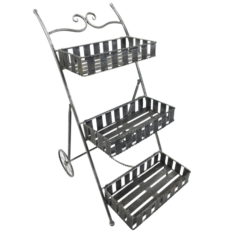 Outsunny Fioriera da Balcone a 3 Ripiani con 2 Ruote, Porta Piante per Giardino in Metallo 53x39x78cm Nero