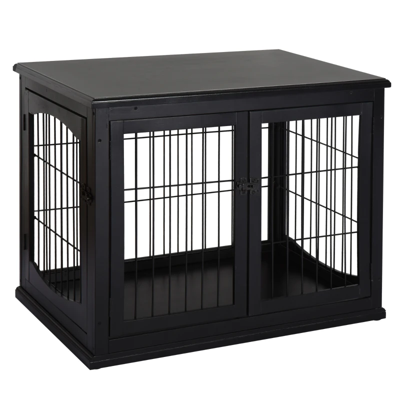 PawHut Cage pour chien animaux meuble cage chien intérieur en bois MDF classe E1 3 portes verrouillables max. 30 Kg dim. 81L x 58l x 66H cm noir