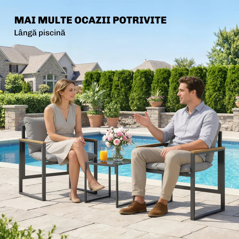 Outsunny Set Bistro pentru 2 Persoane, Set din 3 Piese pentru Grădină cu Cadrul din Metal și Perne Groase