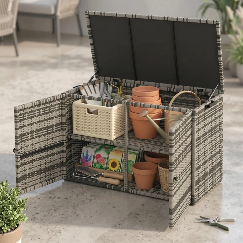 Outsunny Baule da Esterno da 350L a 2 Livelli con Pistoni a Gas, Rattan PE e Acciaio, 118x57x69 cm, Grigio