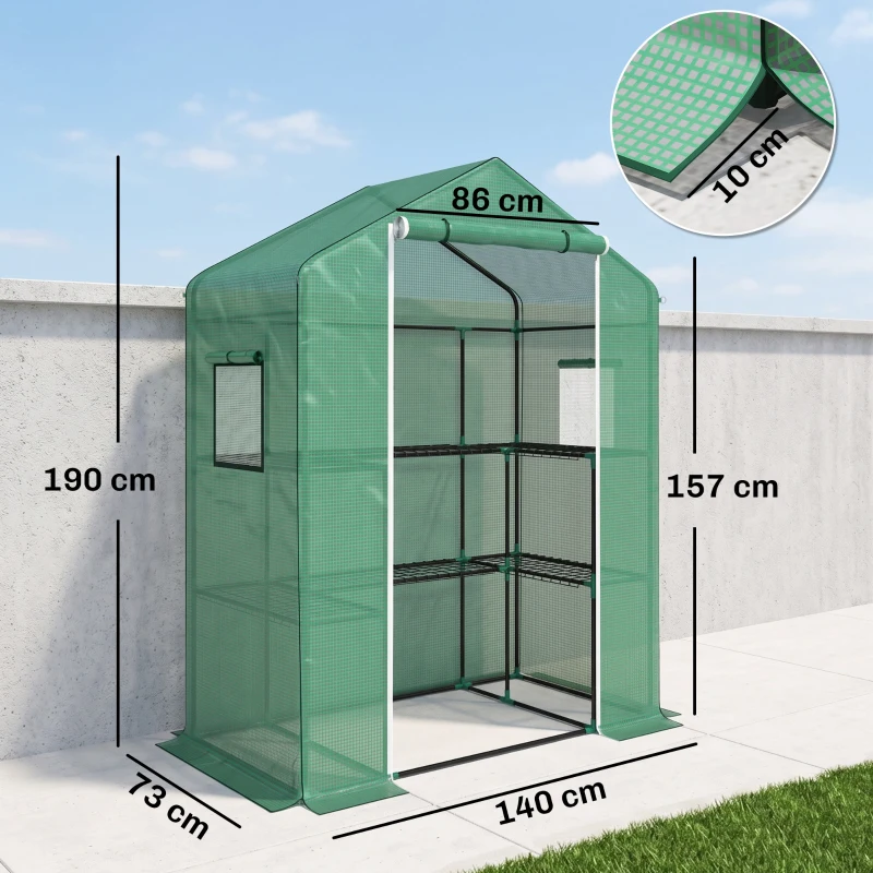 Outsunny Invernadero con 1 Puerta 2 Ventanas y Estantes de 2 Niveles en Forma de U para Cultivo de Plantas 140x73x190 cm Verde