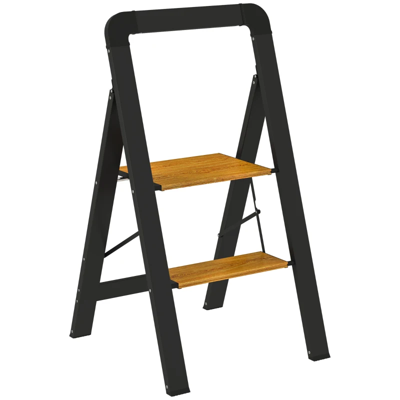 HOMCOM 2-stufige Trittleiter, Metall, faltbar, rutschfeste Plattform, Schwarz