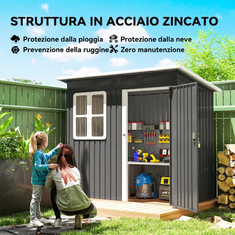 Outsunny Casetta da Giardino 2.55m² in Acciaio Zincato, con Kit di Fondazione, Porta Blocco Tetto Inclinato, Grigio