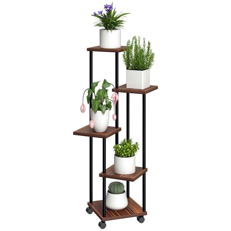 Outsunny Blumenständer mit 5 Ebenen, 5-stufiger Pflanzenständer, versetztes Design, leicht zu verschieben, Holz, Stahl