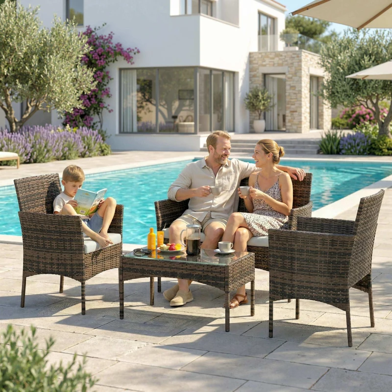 Outsunny 4 Piece Rattan Garden Furniture Sofa Set with Loveseat, Armchairs, Glass-Top Coffee Table and Cushions, Brown