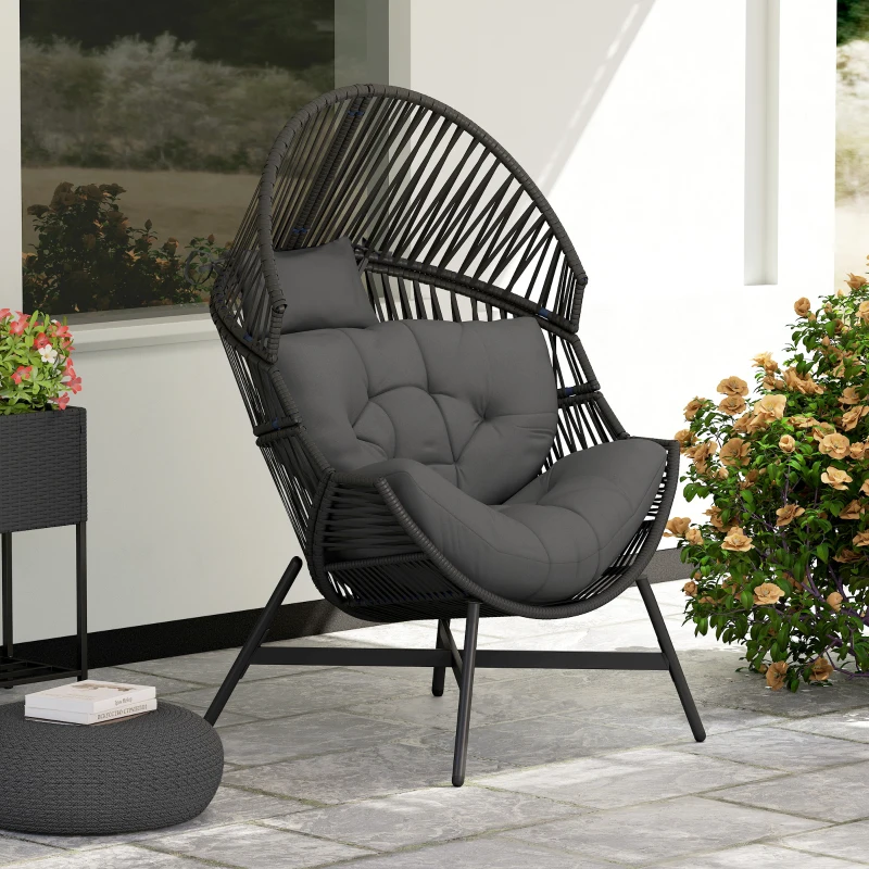 Outsunny Rattan Egg Chair, Oversized Freestanding Garden Egg Chair with Thick Tufted Cushion, Headrest, Steel Frame for Indoor and Outdoor Use, Charcoal Grey