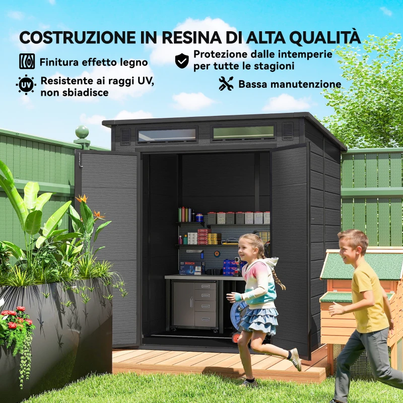 Outsunny Casetta da Giardino a 2 Ingressi con 3 Finestre e Prese d'Aria, in PP e Alluminio, 182x182x196 cm, Grigio Scuro