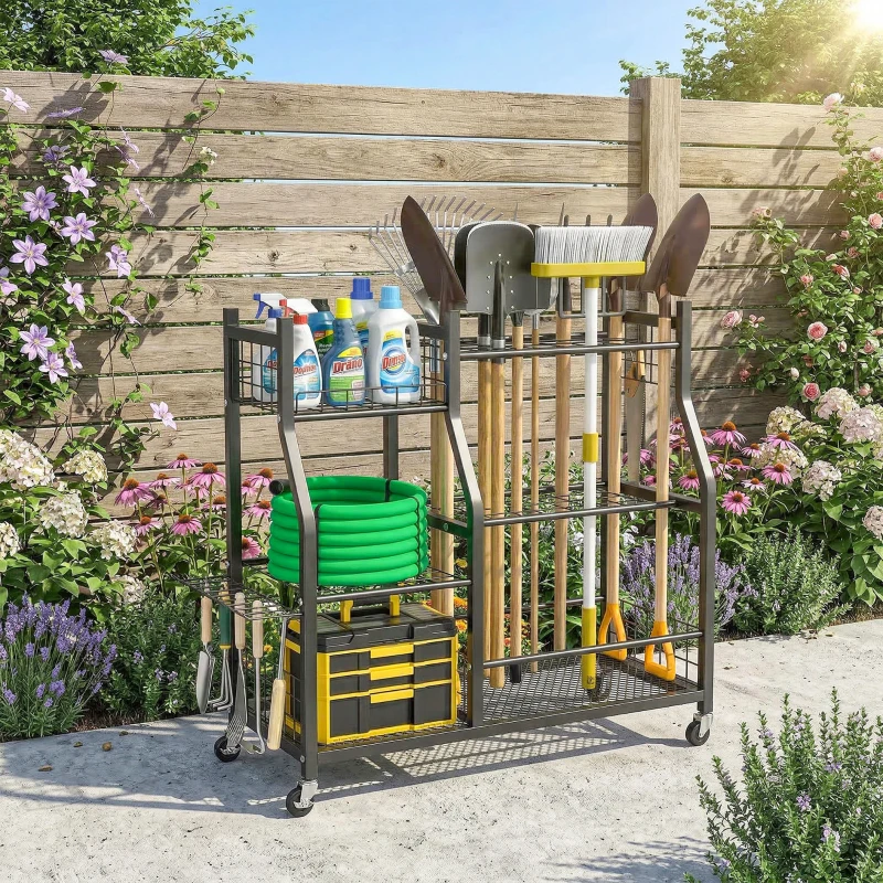 Outsunny Organisateur d'Outils de Jardin en Acier à 3 Niveaux, 32 Emplacements, 4 Roues, 11 Crochets, 104x40x95cm, Noir
