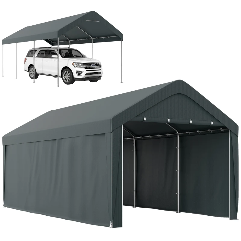 Outsunny Carport tente de garage 3 x 6 m, abri voiture extérieur, parois latérales amovibles, 2 portes zippées enroulables, gris