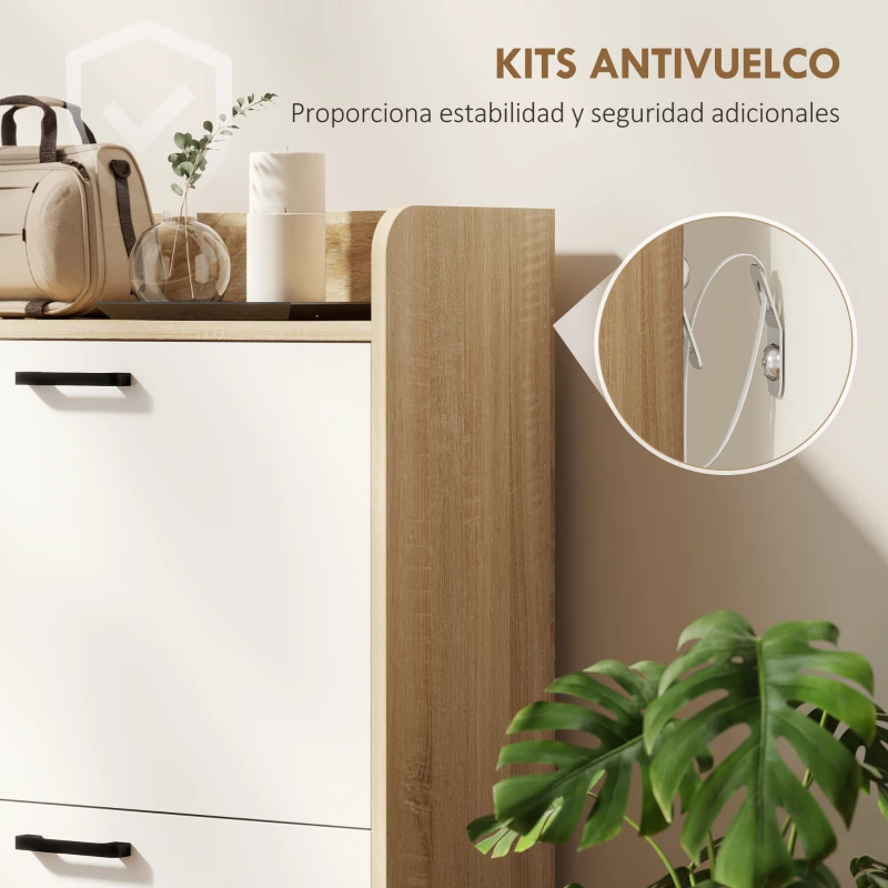 HOMCOM Zapatero Estrecho con 2 Puertas 3 Estantes Laterales y Estantes Ajustables para 15 Pares de Zapatos Natural y Blanco
