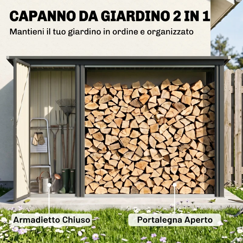 Outsunny Portalegna da Esterno 2 in 1 con Armadietto Porta Attrezzi, 1.26 m², 235x67x149 cm, Grigio Scuro