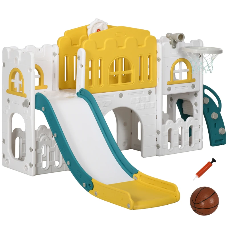 AIYAPLAY Escorrega infantil, estrutura de jogo 7-in-1, com basquete & volante, para 1-3 anos, 178x177x99cm, Amarelo/Branco/Verde