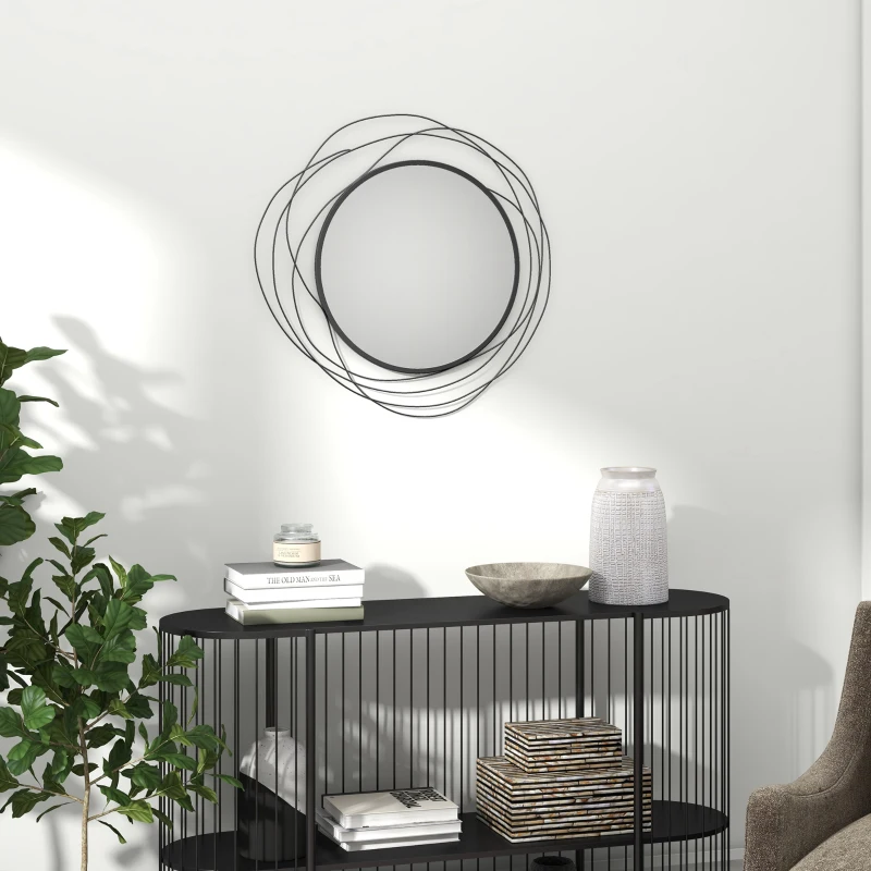 HOMCOM Espelho Redondo em Metal Aramado Preto Decoração Estilo Moderno Diâmetro Φ65 cm