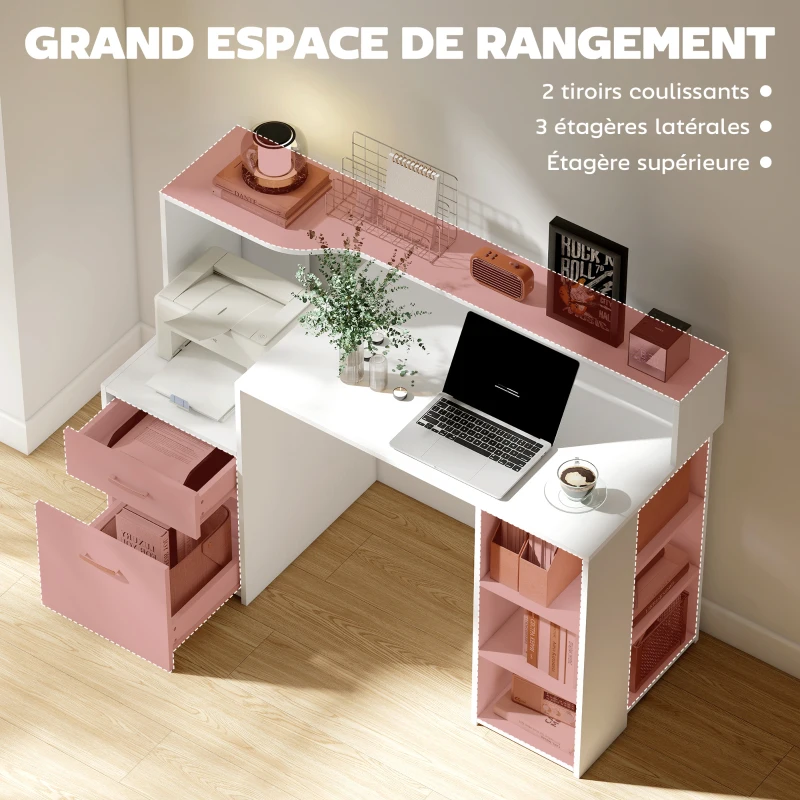 HOMCOM Bureau informatique, bureau avec rangement, 2 tiroirs, étagères ouvertes et tablette d'imprimante, 137x55x92cm, blanc