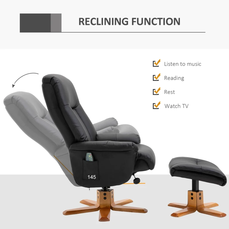 HOMCOM Electric Massage Recliner Chair with Ottoman, Faux Leather Swivel Recliner with Remote Control and 5 Modes for Living Room, Black