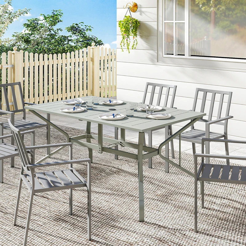 Outsunny Rectangle Garden Table with Parasol Hole, Outdoor Dining Table for 6, Patio Table for Balcony, 150cm x 90cm, Light Grey