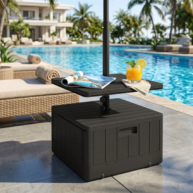 Outsunny Pied de parasol carré avec plateau de table, support parasol en HDPE à roues, remplissage eau sable 53 x 53 x 45 cm noir