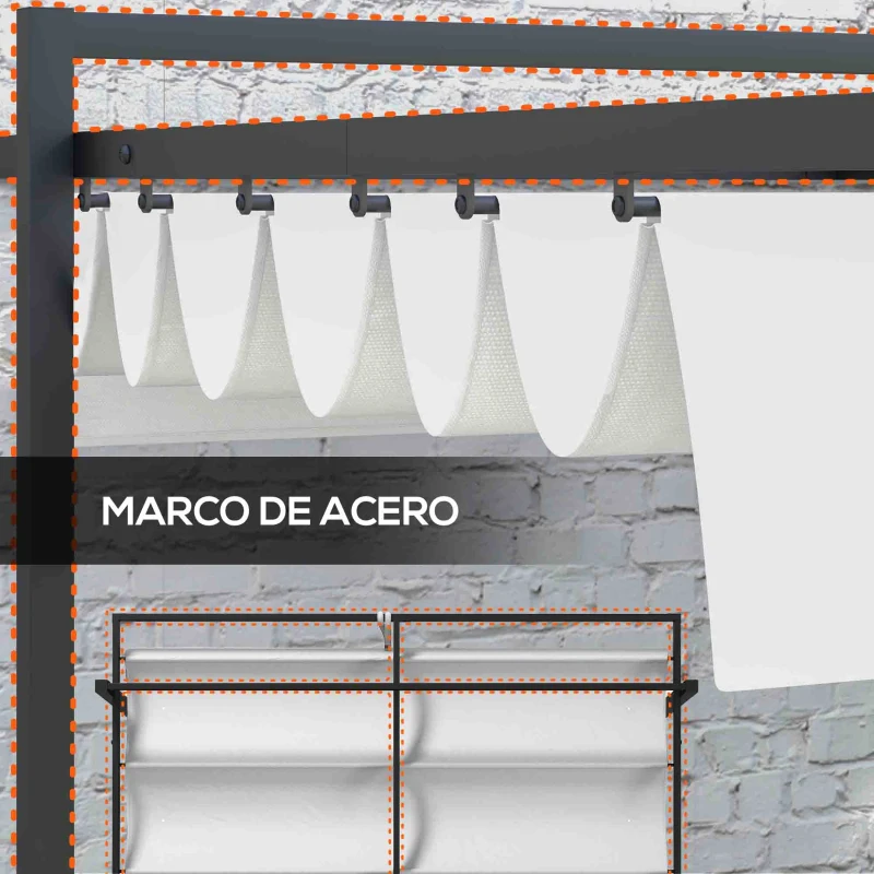 Outsunny Cenador de Jardín 3x4 m con Techo Retráctil de Poliéster y 12 Orificios de Drenaje Pérgola para Terraza Blanco y Gris