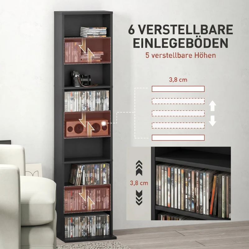 HOMCOM Raft pentru CD-uri cu 9 Rafturi Reglabile, Capacitate pentru 260 CD-uri/120 DVD-uri, 33x24x140 cm, Negru