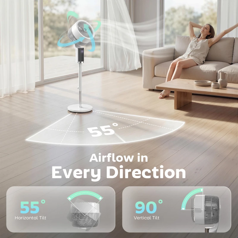 HOMCOM 20 dB Silent Standing Fan for Bedroom, 44" Pedestal Fan with 90° Oscillating, 8 Speeds and LED Light, White