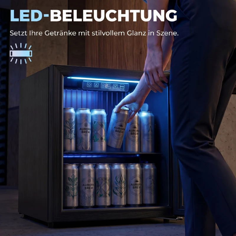 HOMCOM 50 L Getränkekühlschrank, Kühler für 48 Dosen mit Doppelglas-Tür, verstellbar Regal, LED-Beleuchtung Schwarz