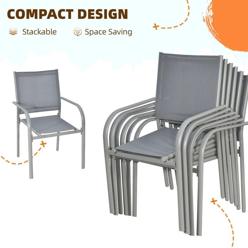 Outsunny 7 Piece Garden Dining Set - Outdoor Table and 6 Stackable Chairs with Steel Frame, Tempered Glass Top Table, and Mesh Seats, Grey