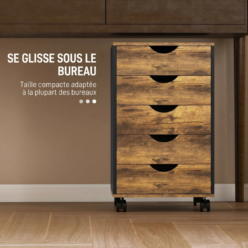 HOMCOM Caisson bureau mobile, meuble rangement sur roulettes avec 5 tiroirs, bois, 40 x 40 x 67 cm, marron