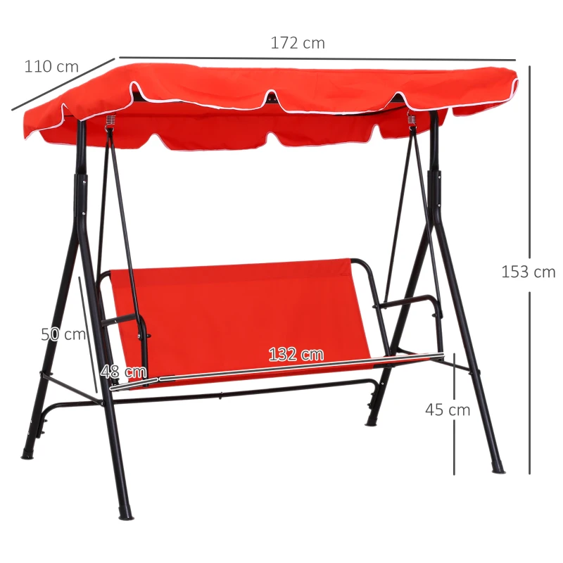 Outsunny Dondolo da giardino 3 posti con tetto e struttura in acciaio, Rosso