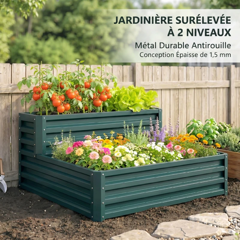 Outsunny Carré potager de jardin fond ouvert 2 étages pour herbes légumes fruits fleurs 120 x 101 x 58 cm vert