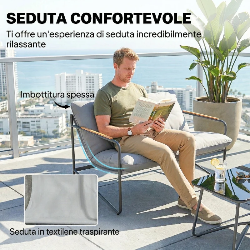Outsunny Salotto da Giardino 4 Posti con Divanetto 2 Posti e 2 Poltrone con Cuscini, Grigio Chiaro