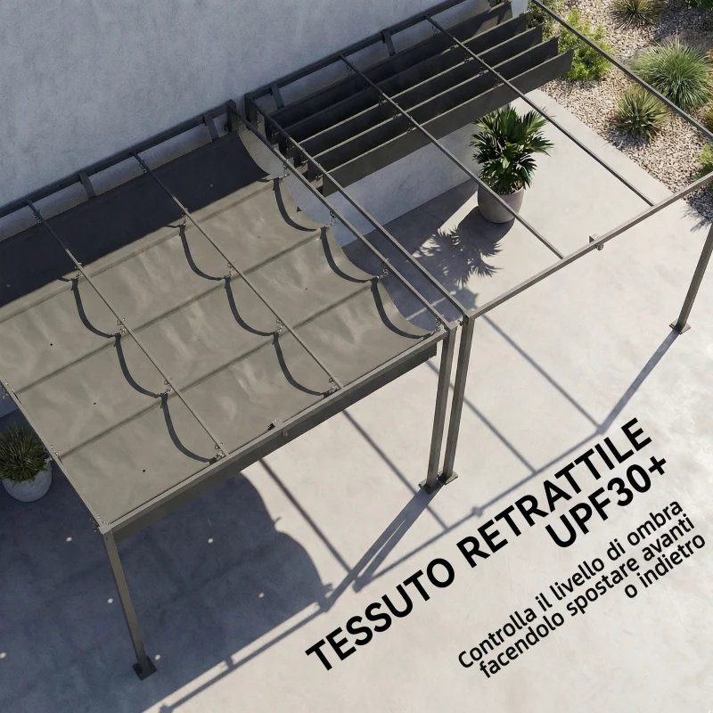 Outsunny Pergola Addossata 3x3 m con Tetto Retrattile Scorrevole UV30+ e Fori di Drenaggio, Grigio Scuro