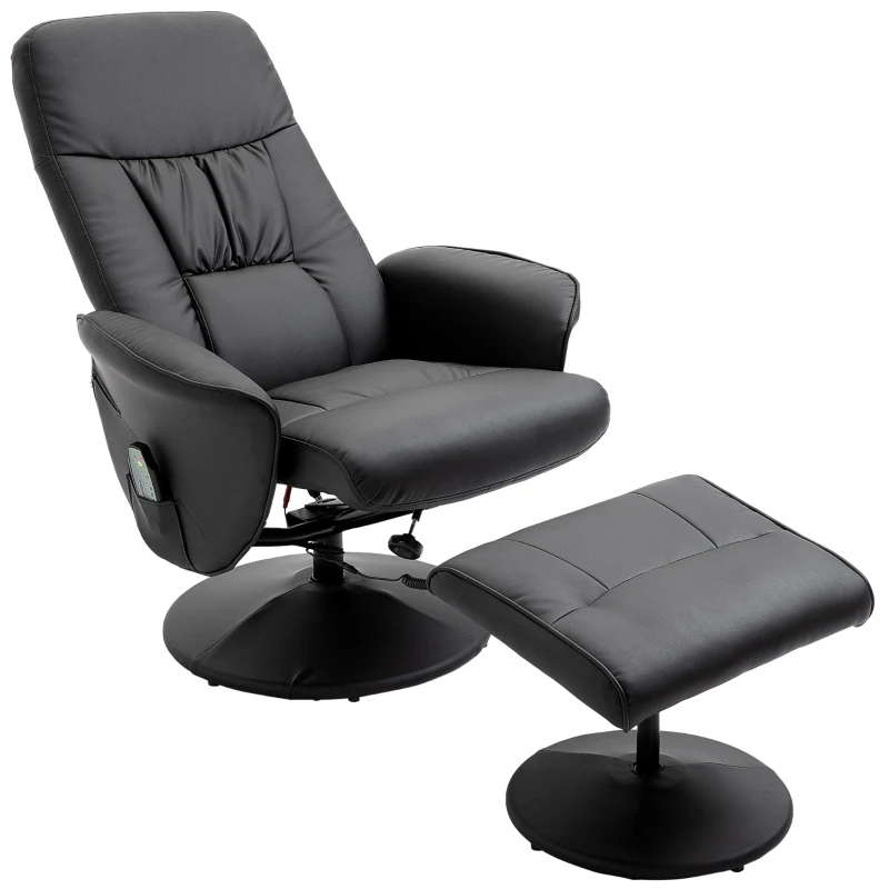 HOMCOM Poltrona relax com puff, poltrona giratória para TV com 10 pontos de massagem, reclinável, poltrona de massagem com controle remoto, bolso lateral, poltrona para TV, couro sintético, Preto
