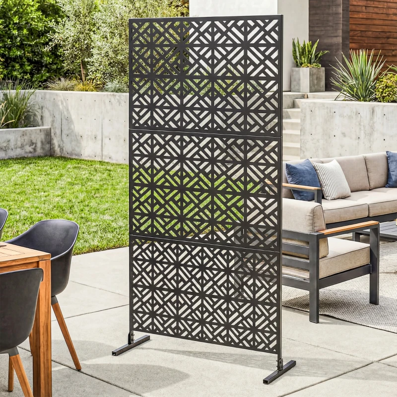 Outsunny Panneau Brise Vue décoratif Extérieur Claustra Décoratif Jardin 3 Panneaux à motif géométrique métal 92x40x192cm Noir
