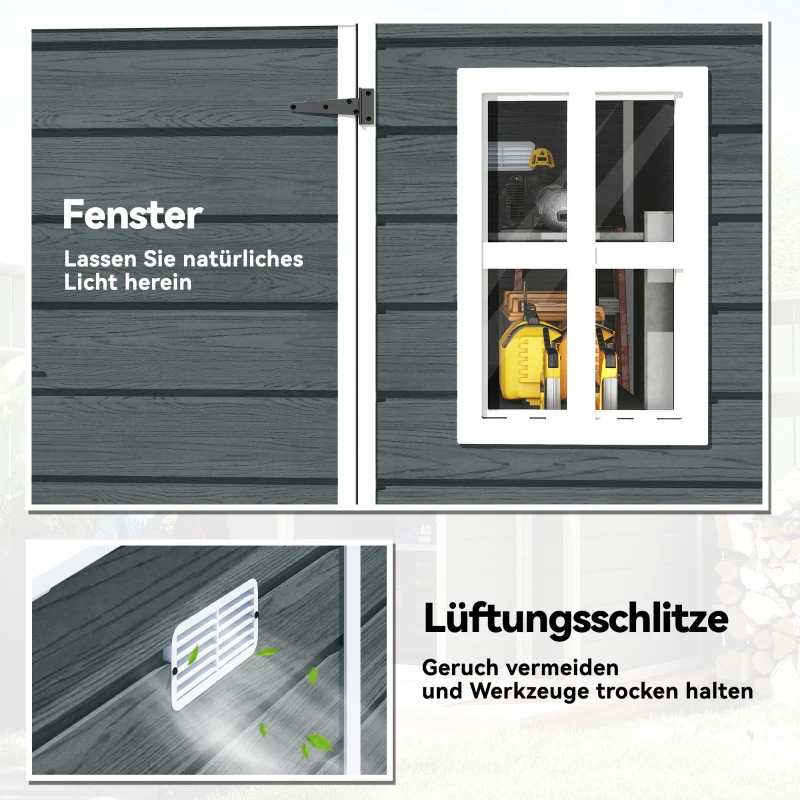 Outsunny Gerätehaus 2,89 m² Geräteschuppen mit Holzoptik 3 Fenster Belüftung Boden Schloss Handschuhe 182 x 182 x 196 cm