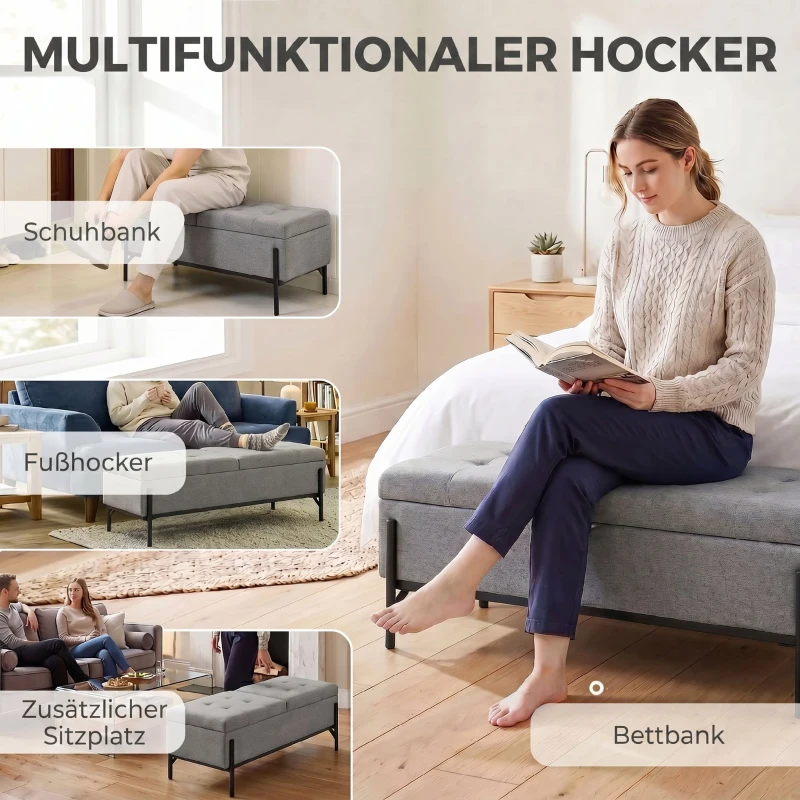 HOMCOM Sitztruhe aus Leinen, Bettbank mit 2 Fächern, klappbaren Deckeln und extra dicker Polsterung, 117 x 50 x 44 cm