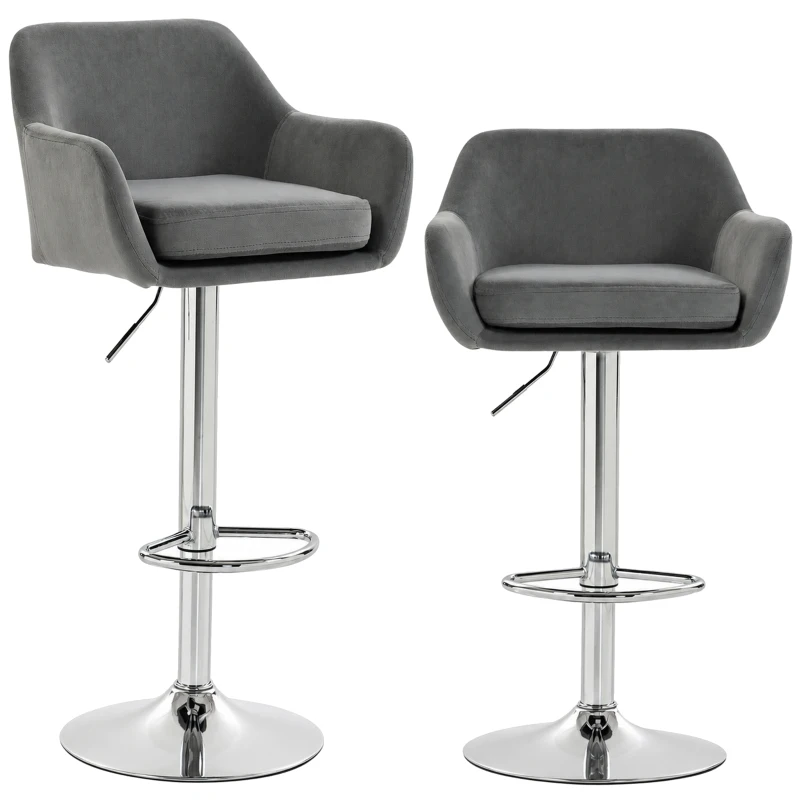 HOMCOM Lot de 2 Tabourets de Bar Pivotants en Velours avec Hauteur Réglable, Repose-pieds, Dossier, Base en Métal, Gris