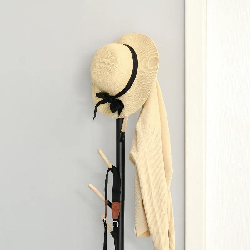 HOMCOM 174cm Free Standing Coat Rack Stand with 6 Hooks Clothes Tree Hat Display Hall Tree Hanger Hanging Organizer for Hallway Bedroom Living Room Black