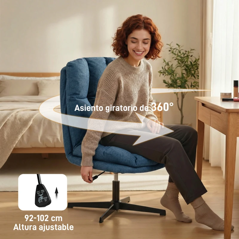HOMCOM Butaca de Salón Giratorio 360° Altura Ajustable Asiento Ancho Tapizado en Lino Base de Metal Azul Oscuro